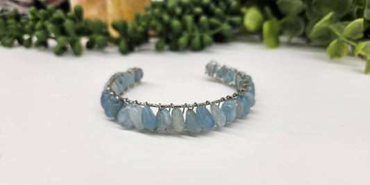 Aquamarine Bangle/Cuff Wire Wrapped  -18kt. Gold Overlay: WHITE GOLD