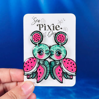 Watermelon Sea Turtle Dangle Earrings, Coastal & Lightweight