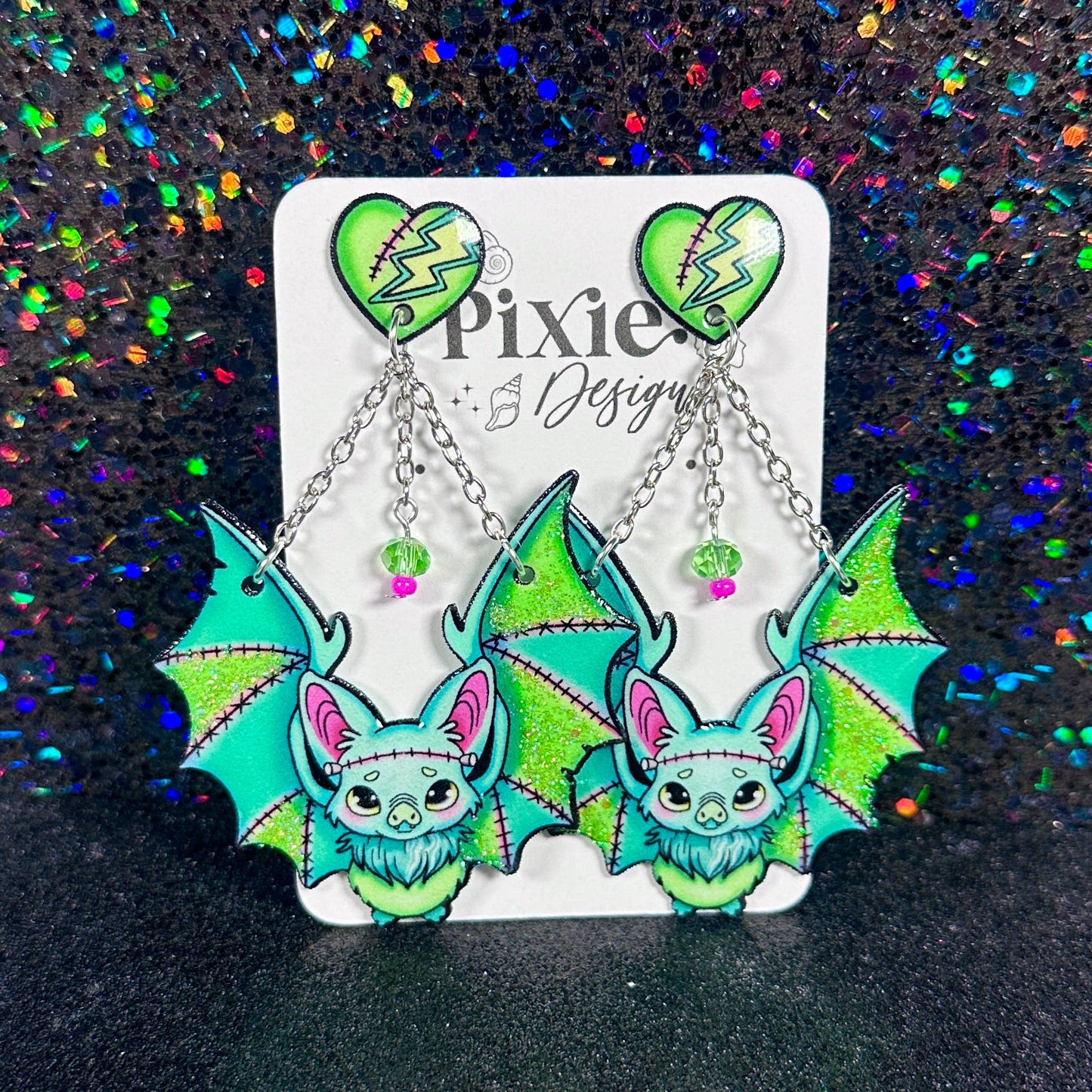 Sea Pixie Designs - Frankenstein Bats Halloween Dangle Earrings, Spooky & Cute