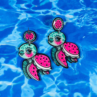 Watermelon Sea Turtle Dangle Earrings, Coastal & Lightweight
