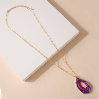 StarryNYC - Resin Teardrop Agate Natural Look Pendant Chain Necklace: Purple