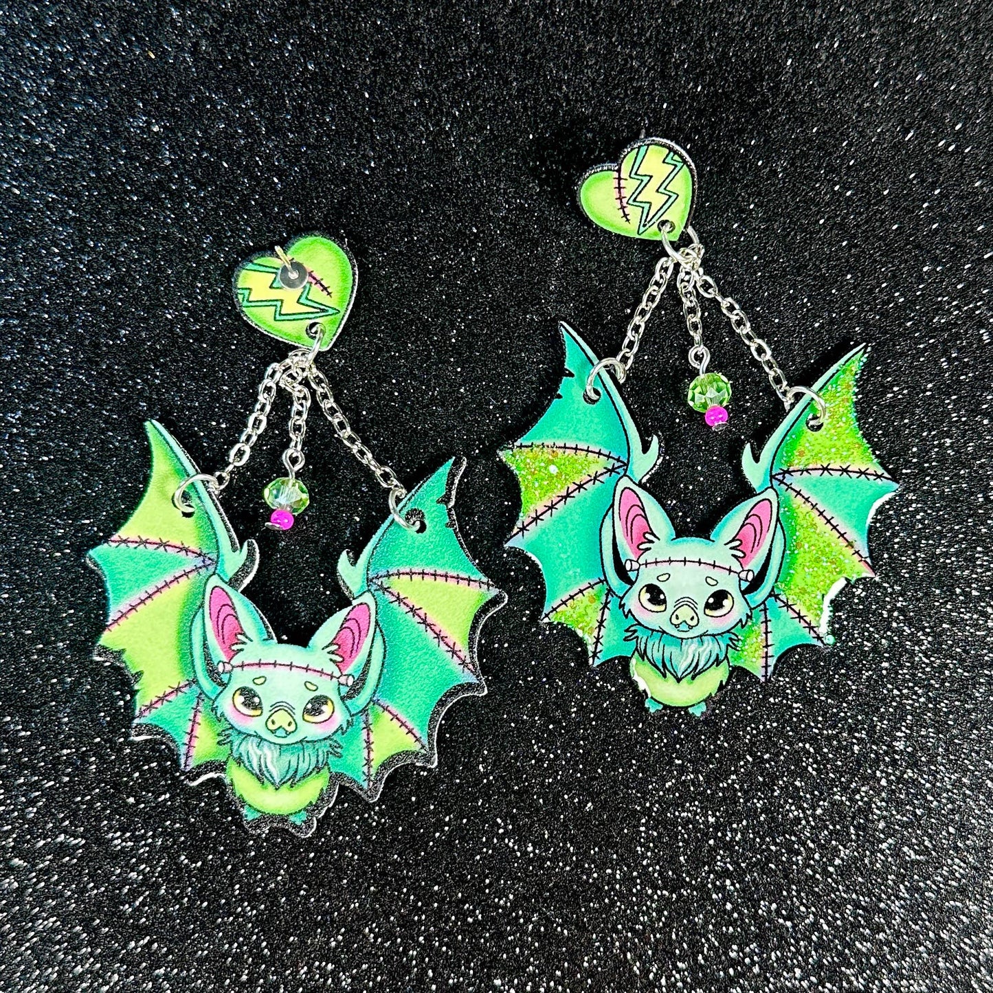 Sea Pixie Designs - Frankenstein Bats Halloween Dangle Earrings, Spooky & Cute