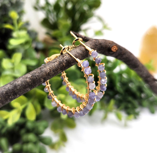 Tanzanite Faceted 3mm Hoop Earrings-18Kt  Gold Overlay: WHITE GOLD