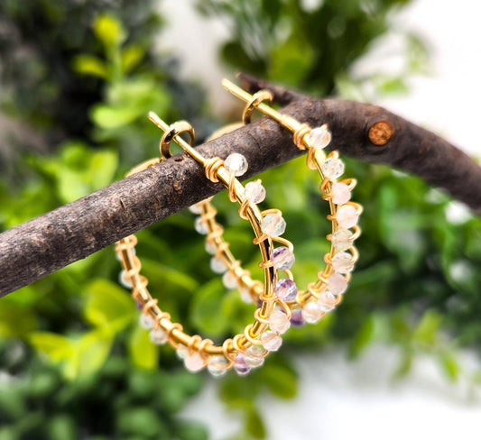 Rainbow Fluorite Faceted 3mm Hoop Earrings-18Kt Gold Overlay: WHITE GOLD