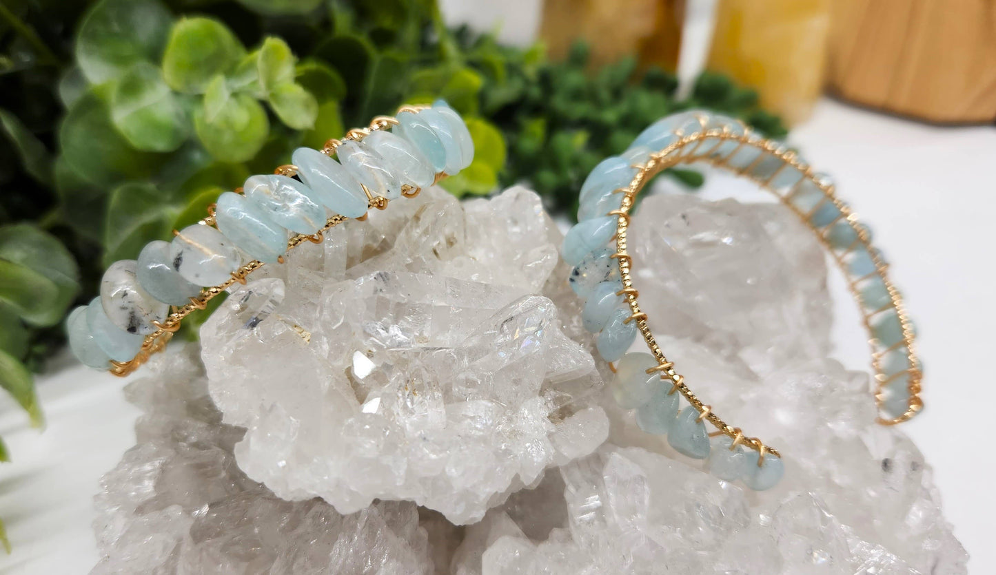 Aquamarine Bangle/Cuff Wire Wrapped  -18kt. Gold Overlay: WHITE GOLD
