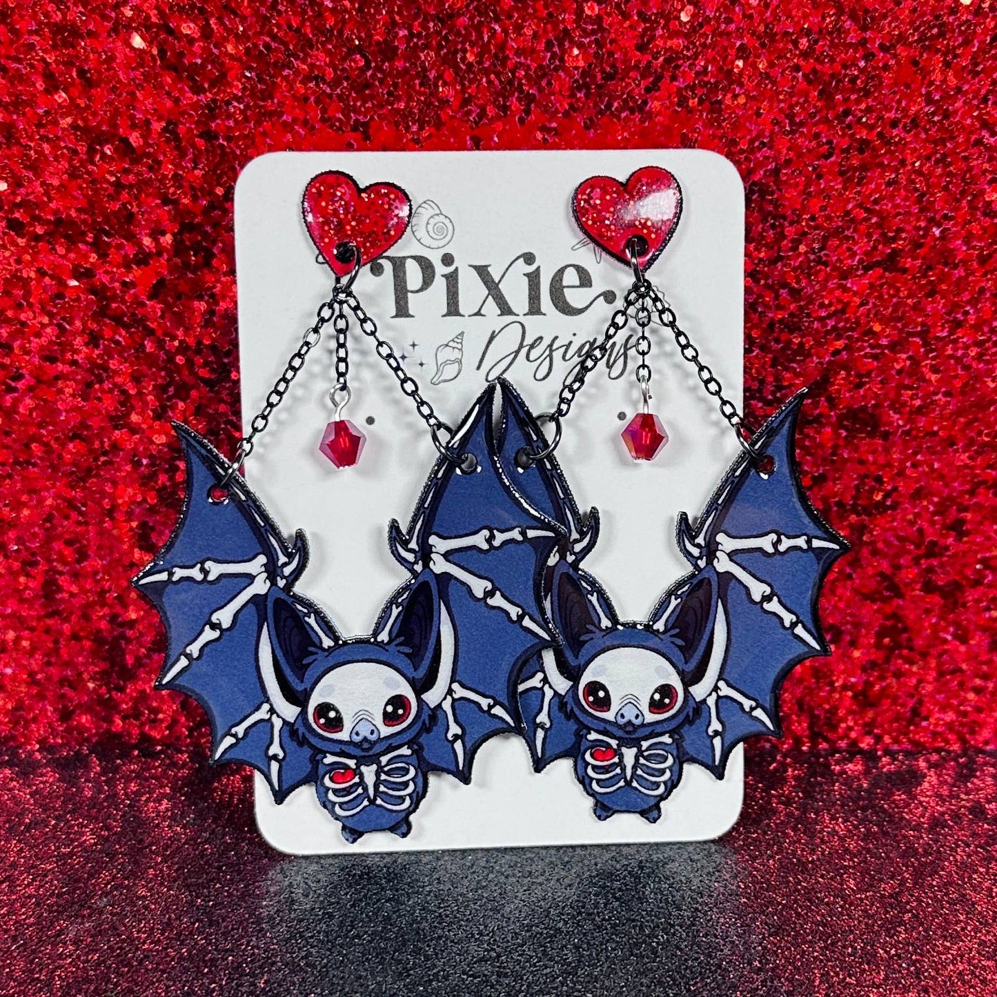 Sea Pixie Designs - Skeleton Heart Bats Halloween Dangle Earrings, Spooky & Cute