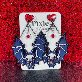 Sea Pixie Designs - Skeleton Heart Bats Halloween Dangle Earrings, Spooky & Cute