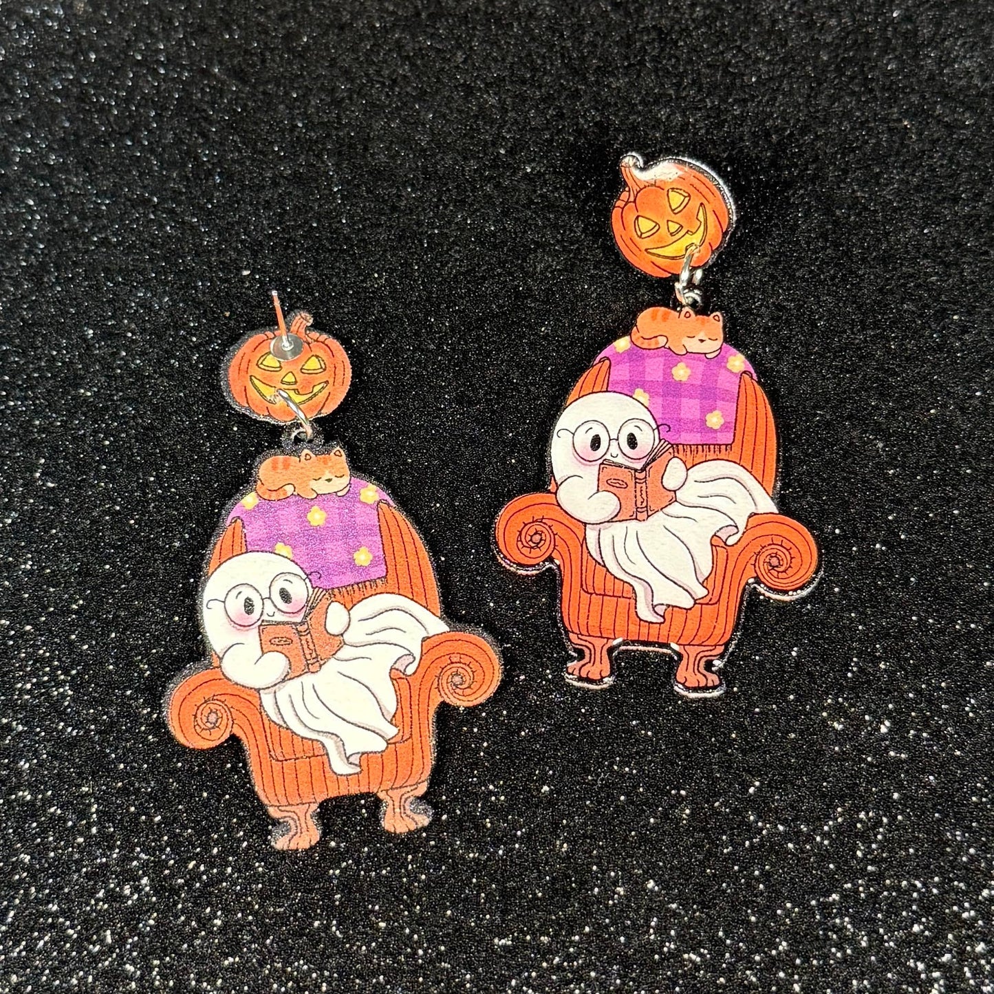 Sea Pixie Designs - Ghost Reading Books Halloween Dangle Earrings, Spooky & Cute