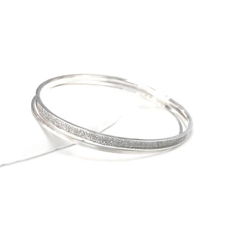 StarryNYC - 2 Pcs Metal Bangle Plain Flat & Glitter Bangle Set Bracelet: Silver/Hematite