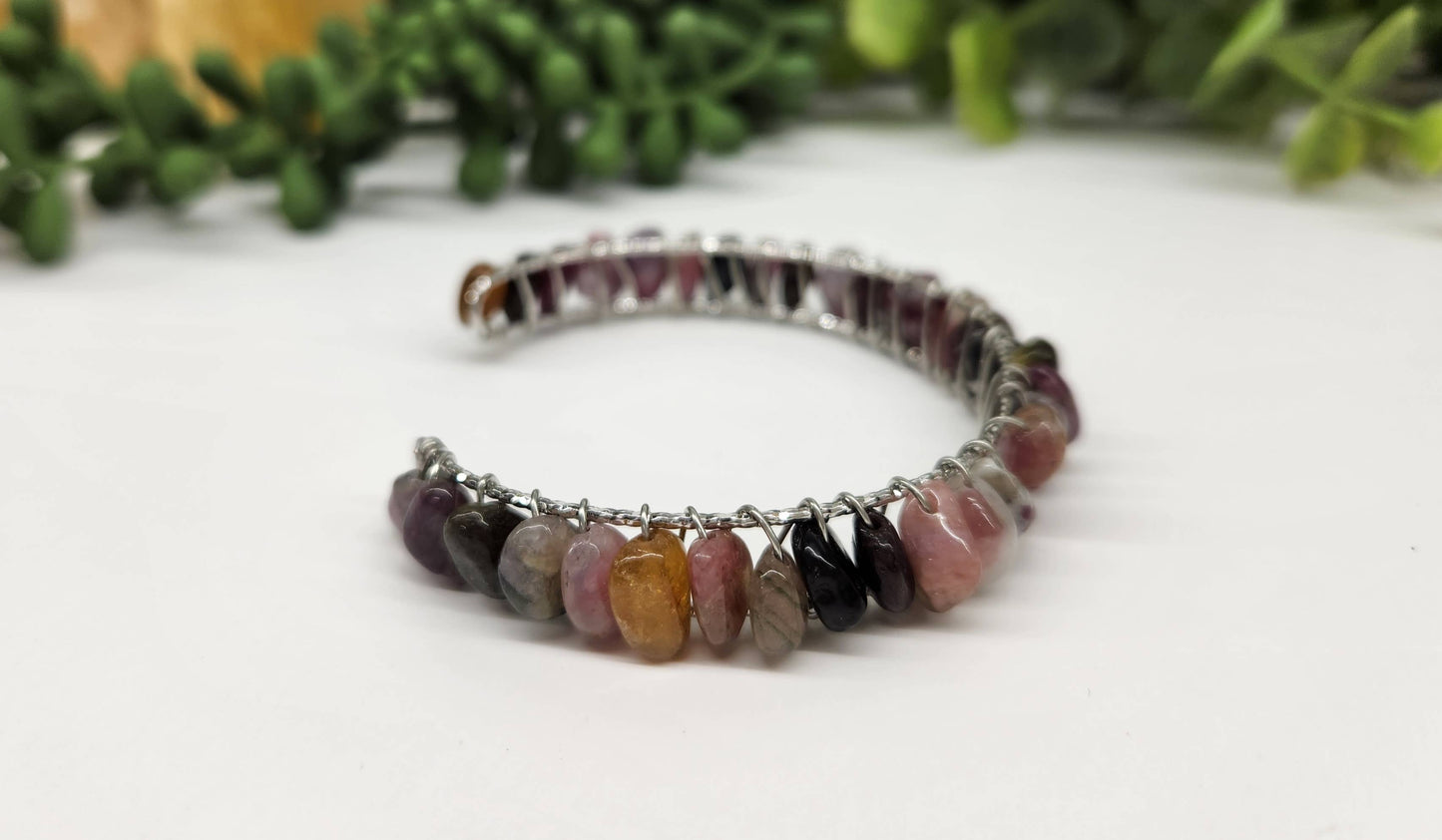 Watermelon Tourmaline Bangle/Cuff Wire Wrapped-18kt Overlay: YELLOW GOLD