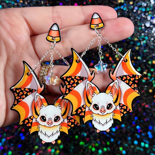 Sea Pixie Designs - Candy Corn Bats Halloween Dangle Earrings, Spooky & Cute