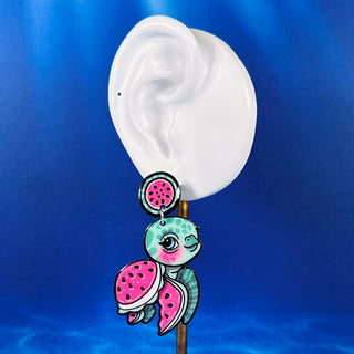 Watermelon Sea Turtle Dangle Earrings, Coastal & Lightweight
