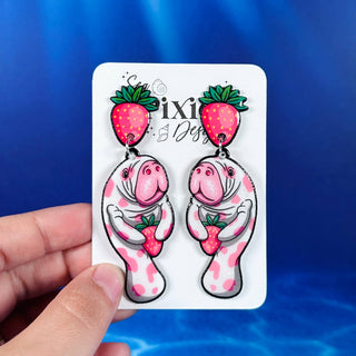 Strawberry Manatee Dangle Earrings, Coastal & Lightweight