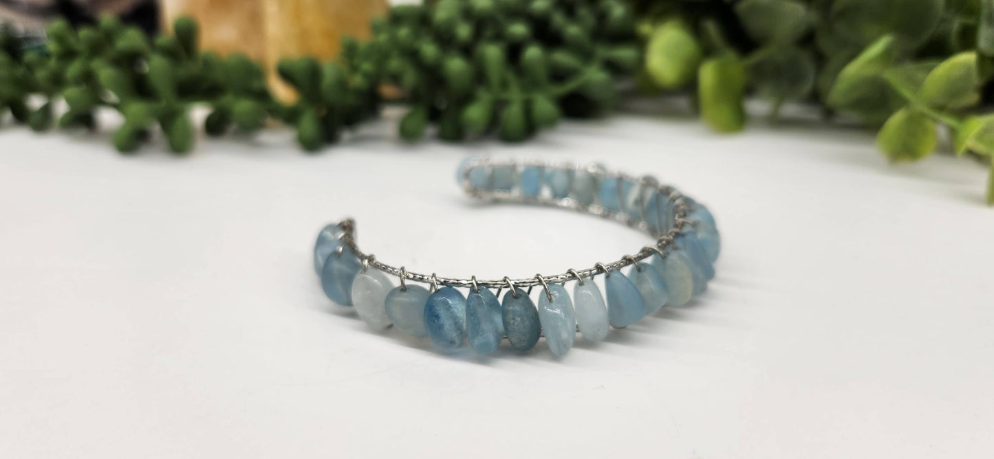 Aquamarine Bangle/Cuff Wire Wrapped  -18kt. Gold Overlay: WHITE GOLD