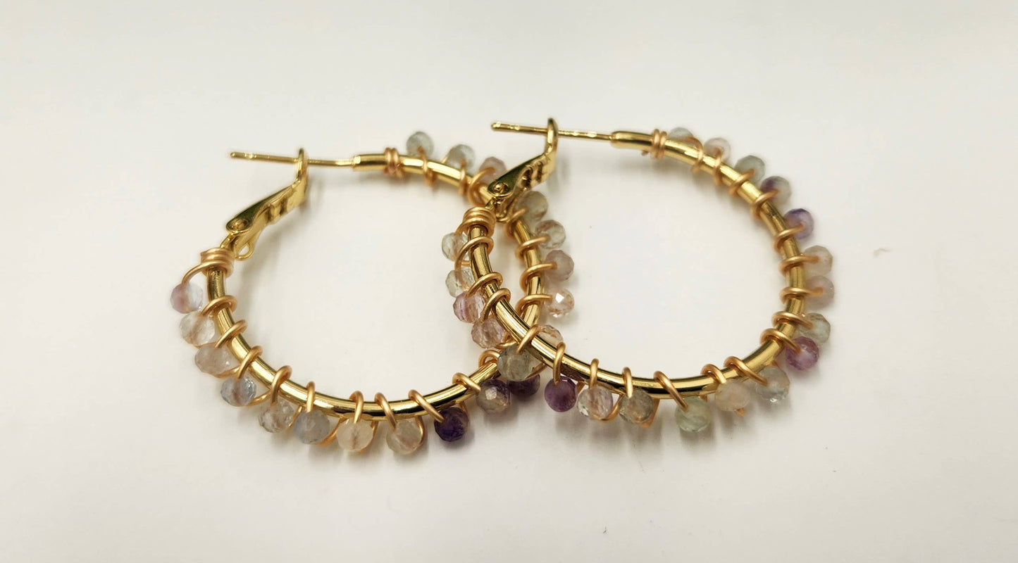 Rainbow Fluorite Faceted 3mm Hoop Earrings-18Kt Gold Overlay: YELLOW GOLD