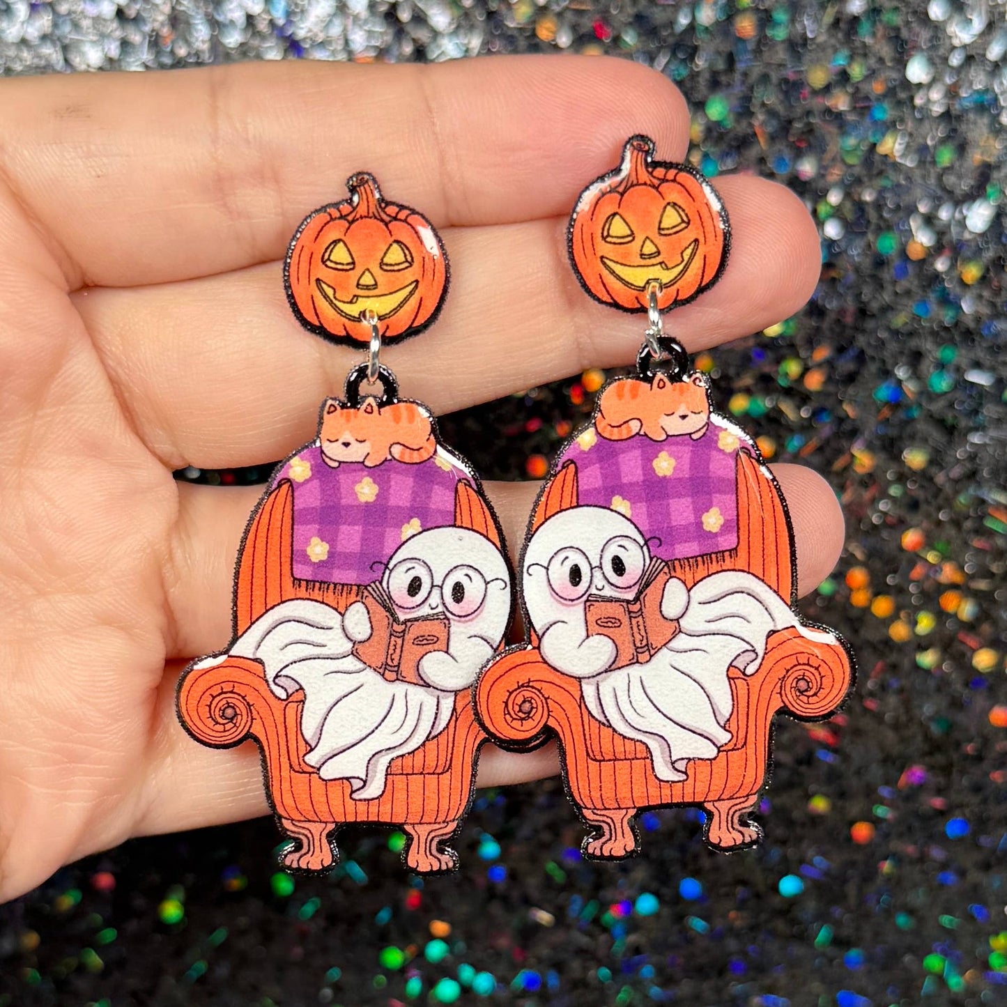 Sea Pixie Designs - Ghost Reading Books Halloween Dangle Earrings, Spooky & Cute