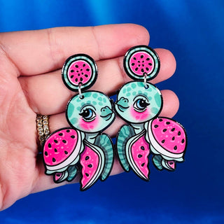 Watermelon Sea Turtle Dangle Earrings, Coastal & Lightweight