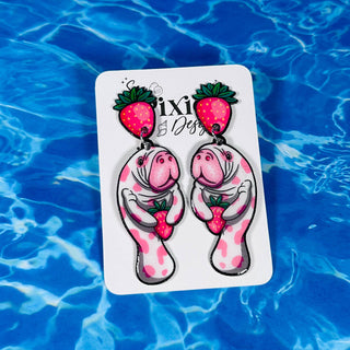Strawberry Manatee Dangle Earrings, Coastal & Lightweight