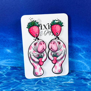 Strawberry Manatee Dangle Earrings, Coastal & Lightweight