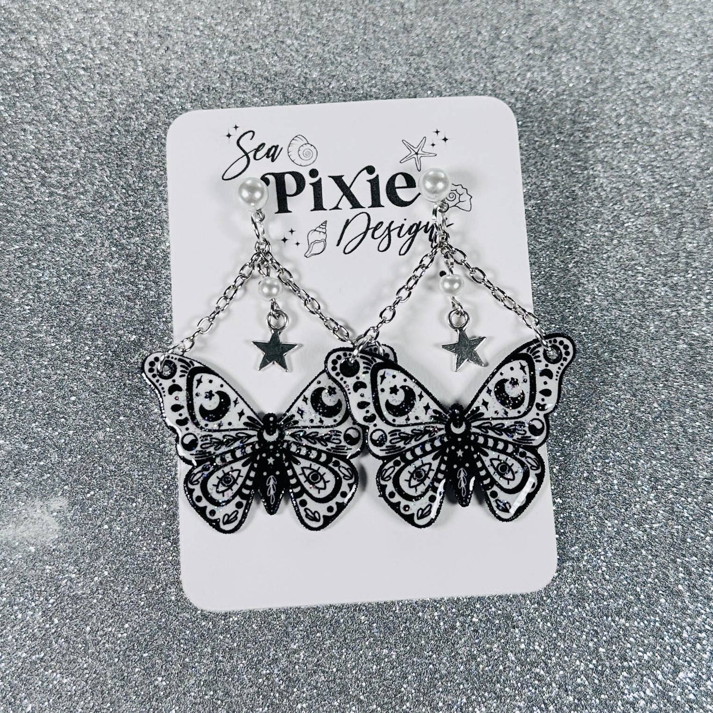Sea Pixie Designs - Black & White Moth Butterfly Glitter Dangle Earrings