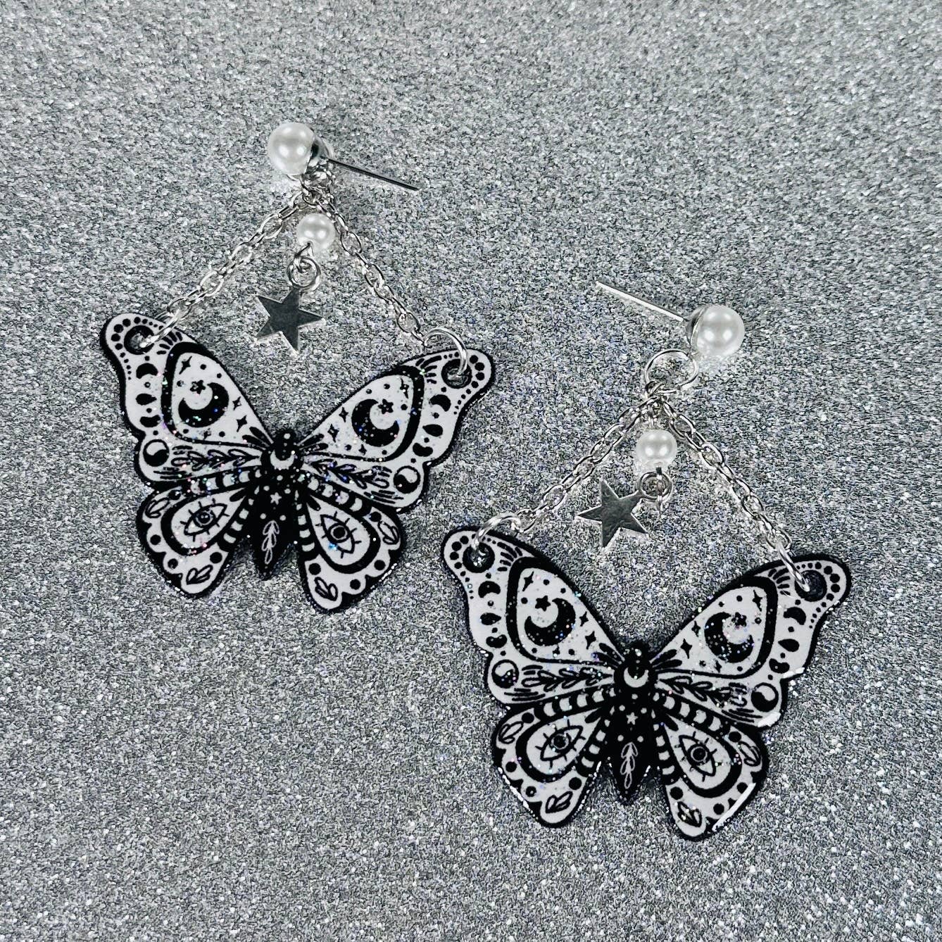 Sea Pixie Designs - Black & White Moth Butterfly Glitter Dangle Earrings