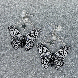 Sea Pixie Designs - Black & White Moth Butterfly Glitter Dangle Earrings