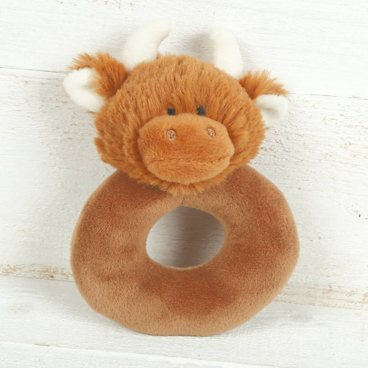 Highland Brown Cow Baby Rattle Plush – 10 cm