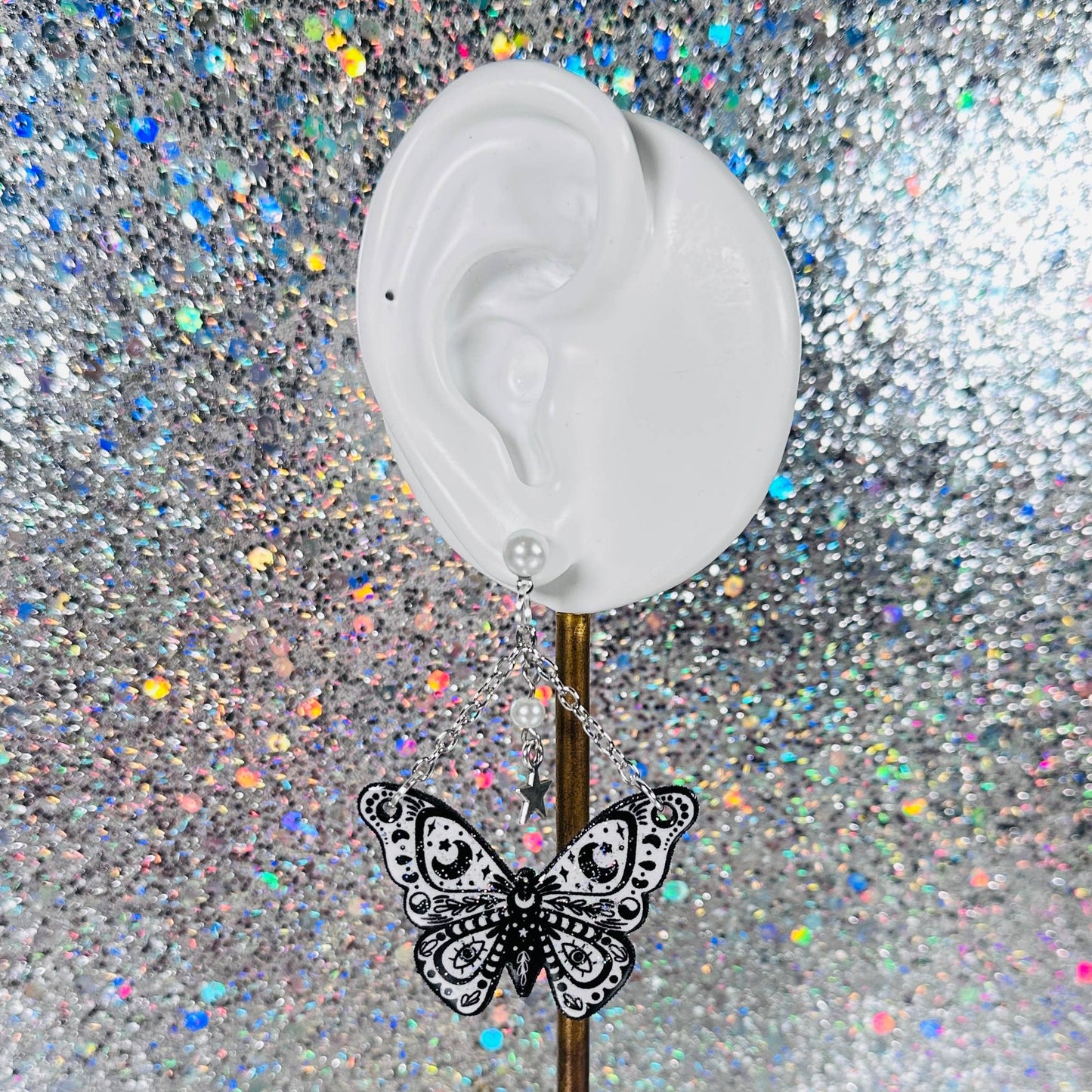 Sea Pixie Designs - Black & White Moth Butterfly Glitter Dangle Earrings