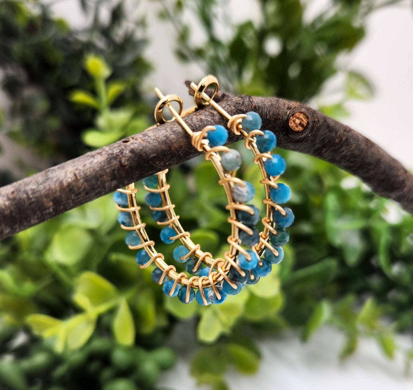 Blue Apatite Faceted 3mm Hoop Earrings-18Kt Gold Overlay: YELLOW GOLD