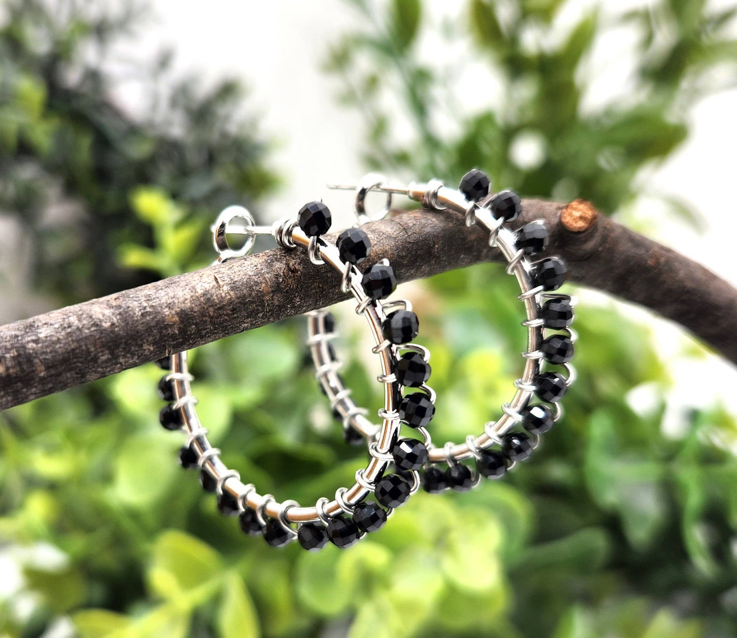 Black Spinel Faceted 3mm Hoop Earrings-18Kt  Gold Overlay : WHITE GOLD