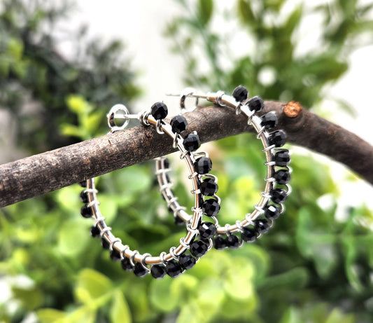 Black Spinel Faceted 3mm Hoop Earrings-18Kt  Gold Overlay : WHITE GOLD