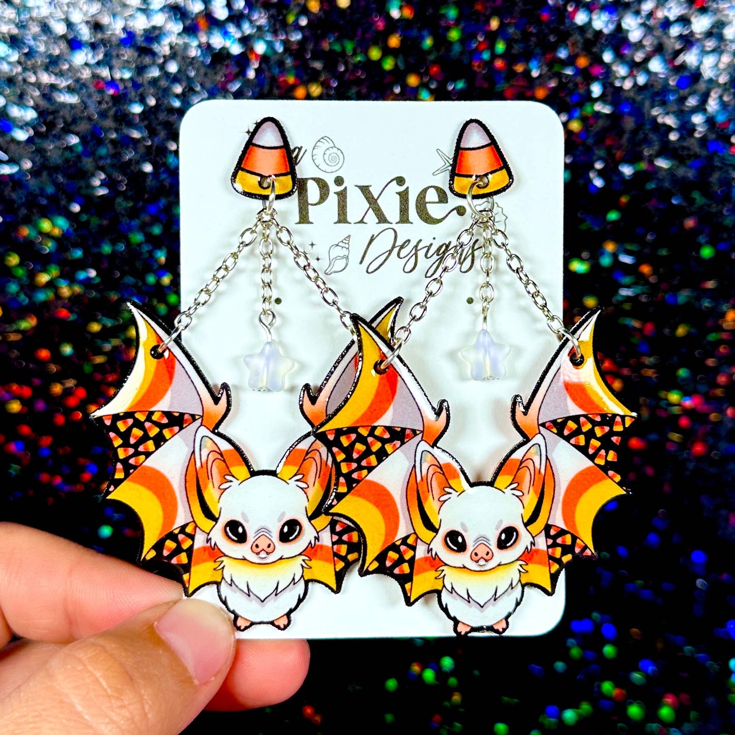 Sea Pixie Designs - Candy Corn Bats Halloween Dangle Earrings, Spooky & Cute