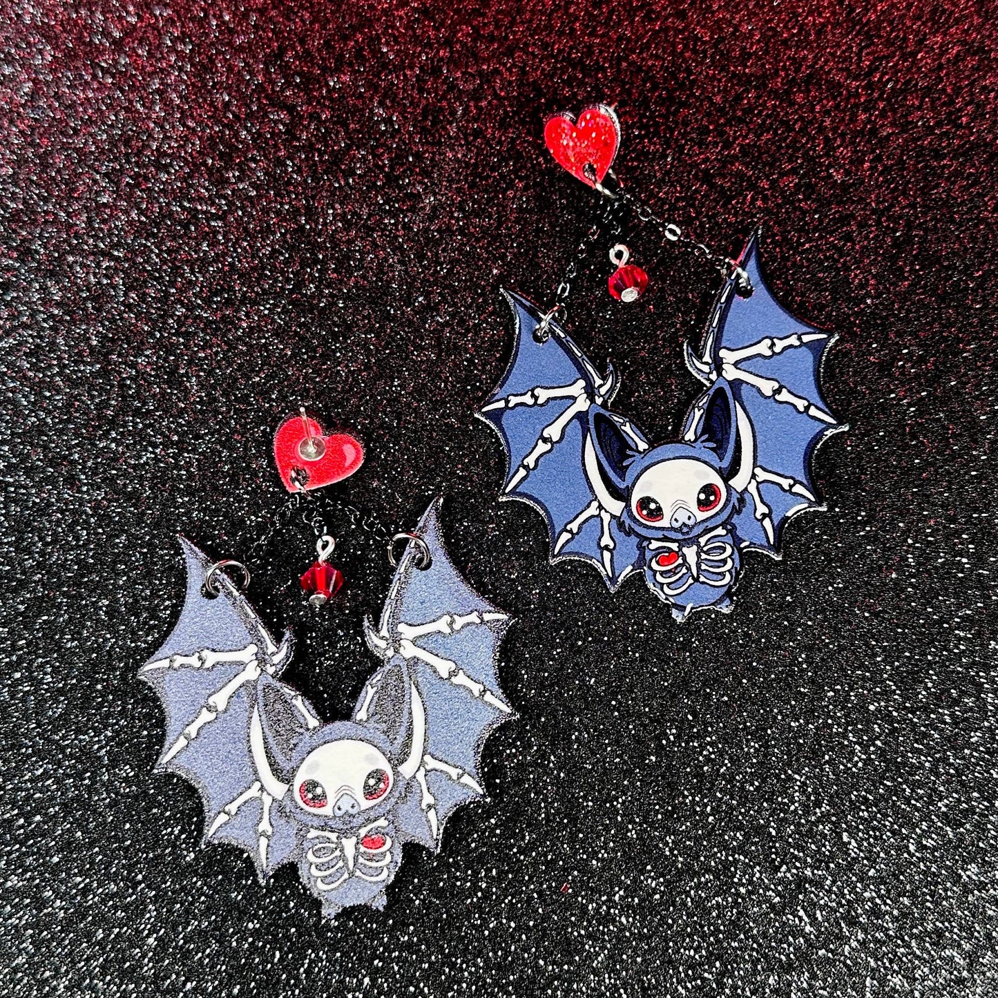 Sea Pixie Designs - Skeleton Heart Bats Halloween Dangle Earrings, Spooky & Cute