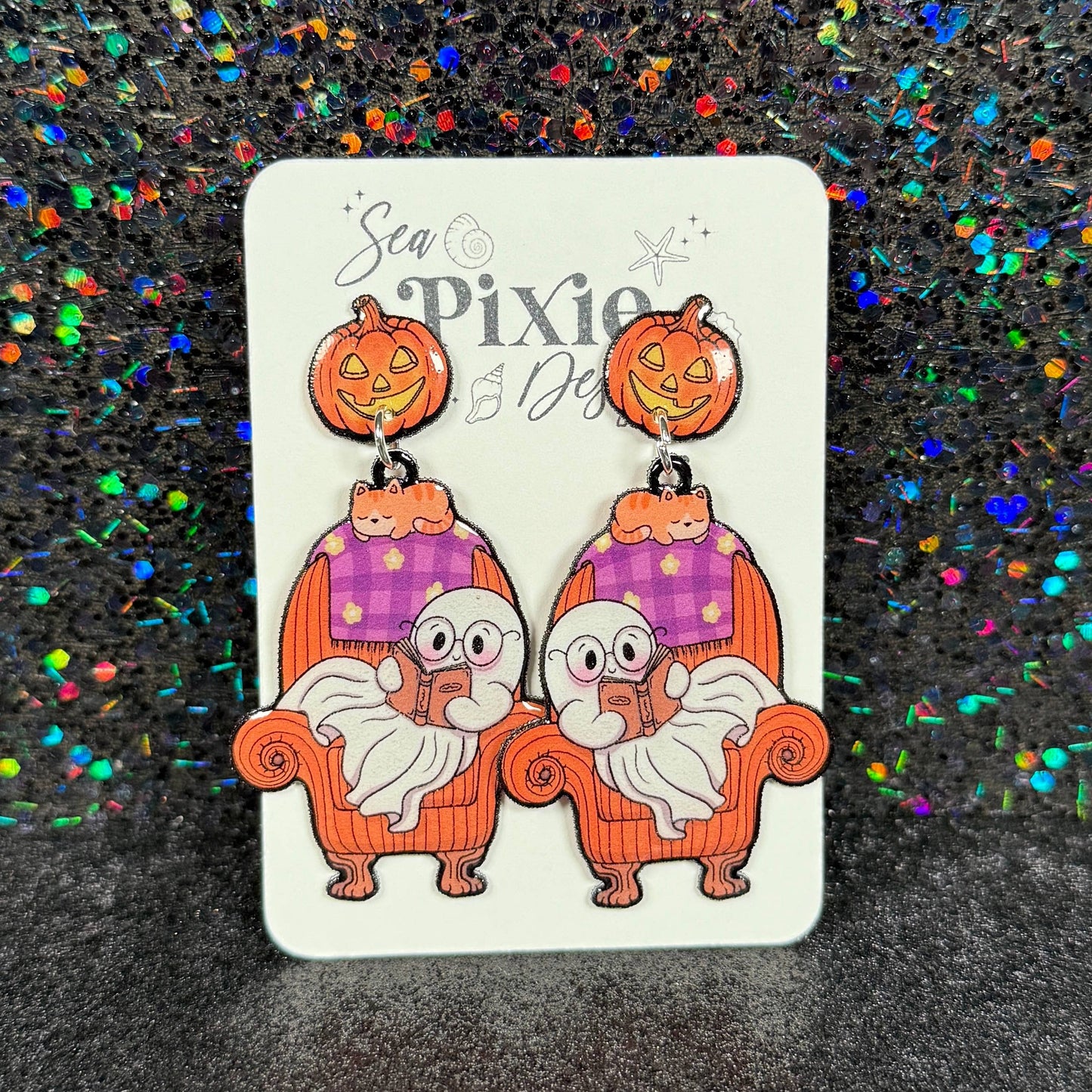 Sea Pixie Designs - Ghost Reading Books Halloween Dangle Earrings, Spooky & Cute