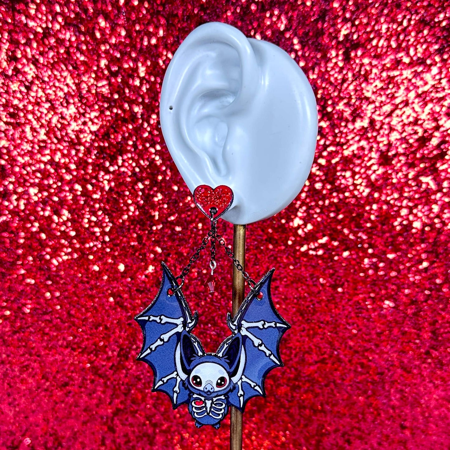 Sea Pixie Designs - Skeleton Heart Bats Halloween Dangle Earrings, Spooky & Cute