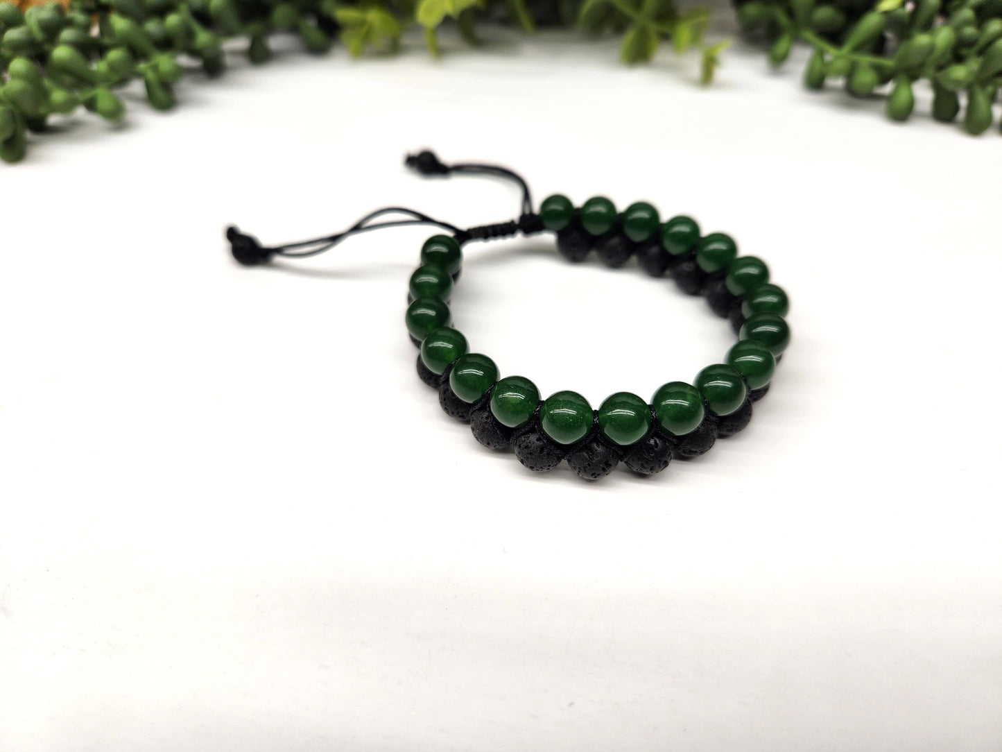 Jade (Green) with Black Lava Woven Adjustable 8mm Beads