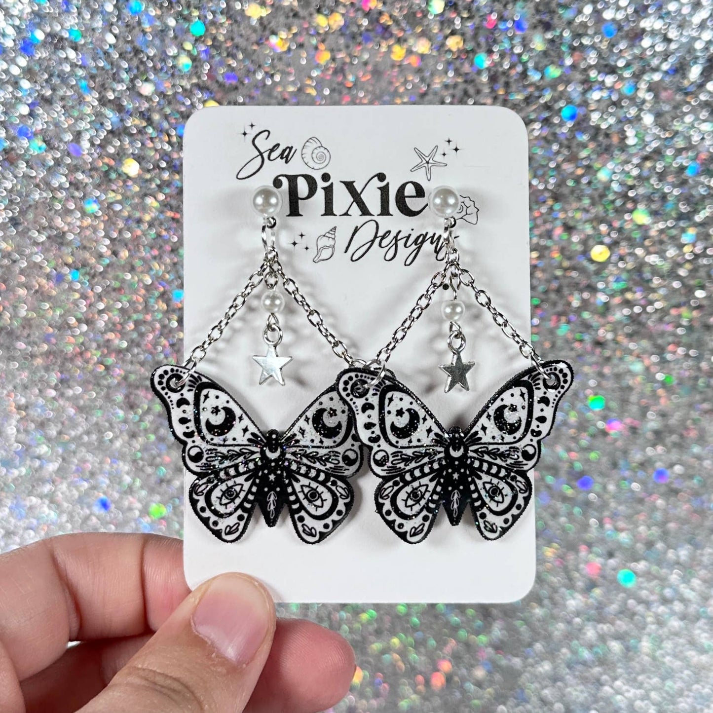 Sea Pixie Designs - Black & White Moth Butterfly Glitter Dangle Earrings