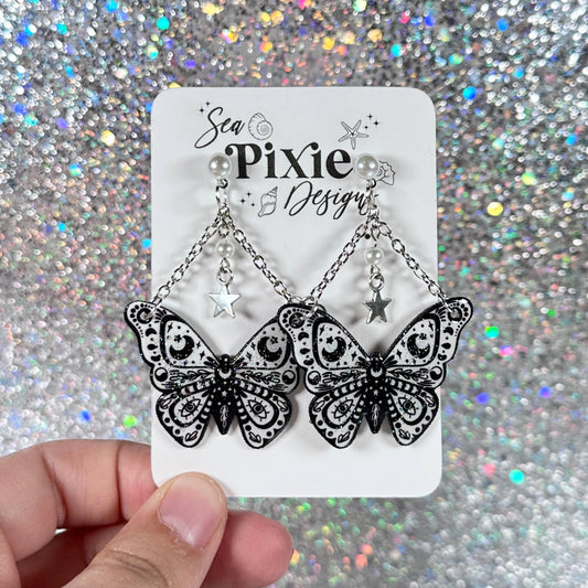 Sea Pixie Designs - Black & White Moth Butterfly Glitter Dangle Earrings