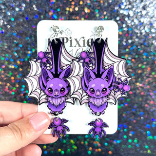 Spider Web Bats Halloween Dangle Earrings, Spooky & Cute